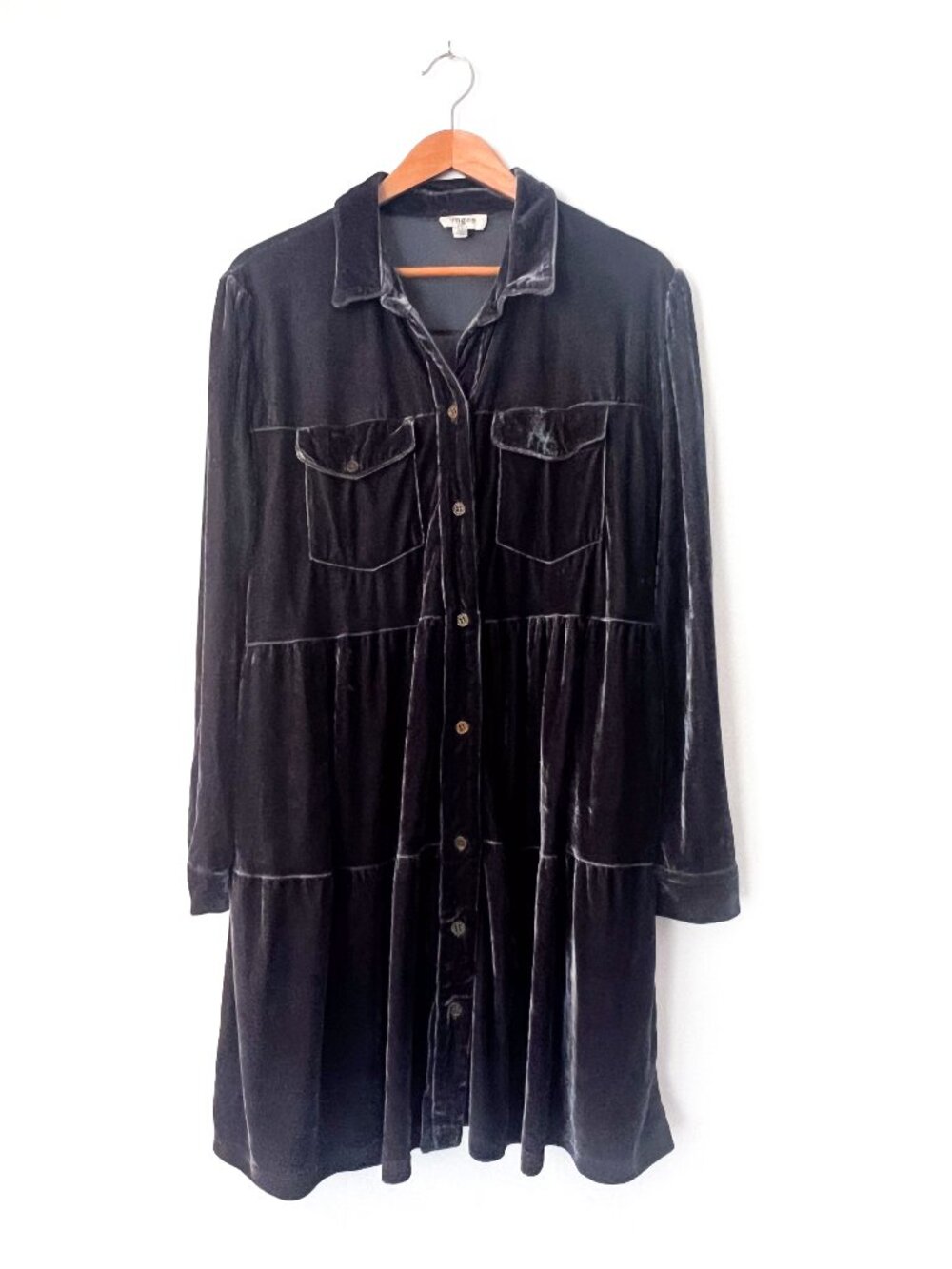 UMGEE Luxurious Velvet Long Sleeve Tiered Babydoll Style Shirt Dress W/Pockets M - Picture 4 of 9